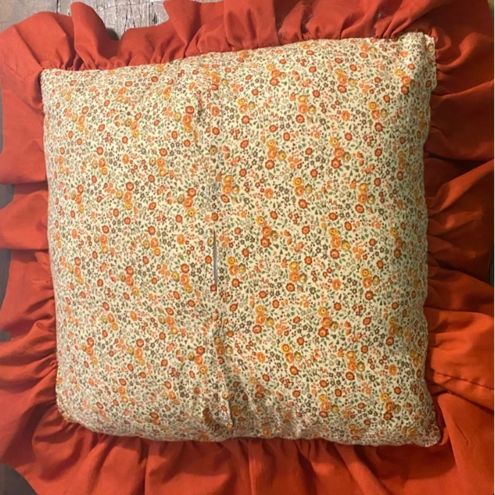Antique Log Cabin Quilt Pillow Floral Back Terracotta Gold Applecore Aesthetic